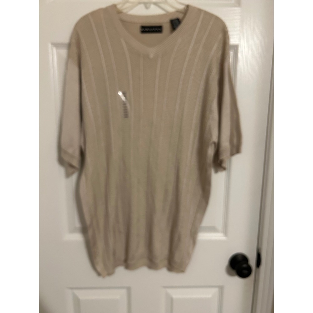 Baracuta Mens V-Neck Knit Sweater Short Sleeve Beige Textured Stripe Large NEW